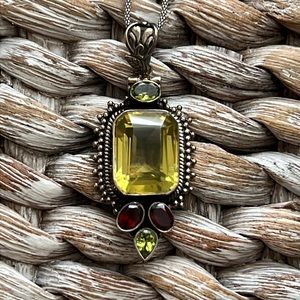 Silver Lemon Quartz/Peridot/Ruby pendant on chain